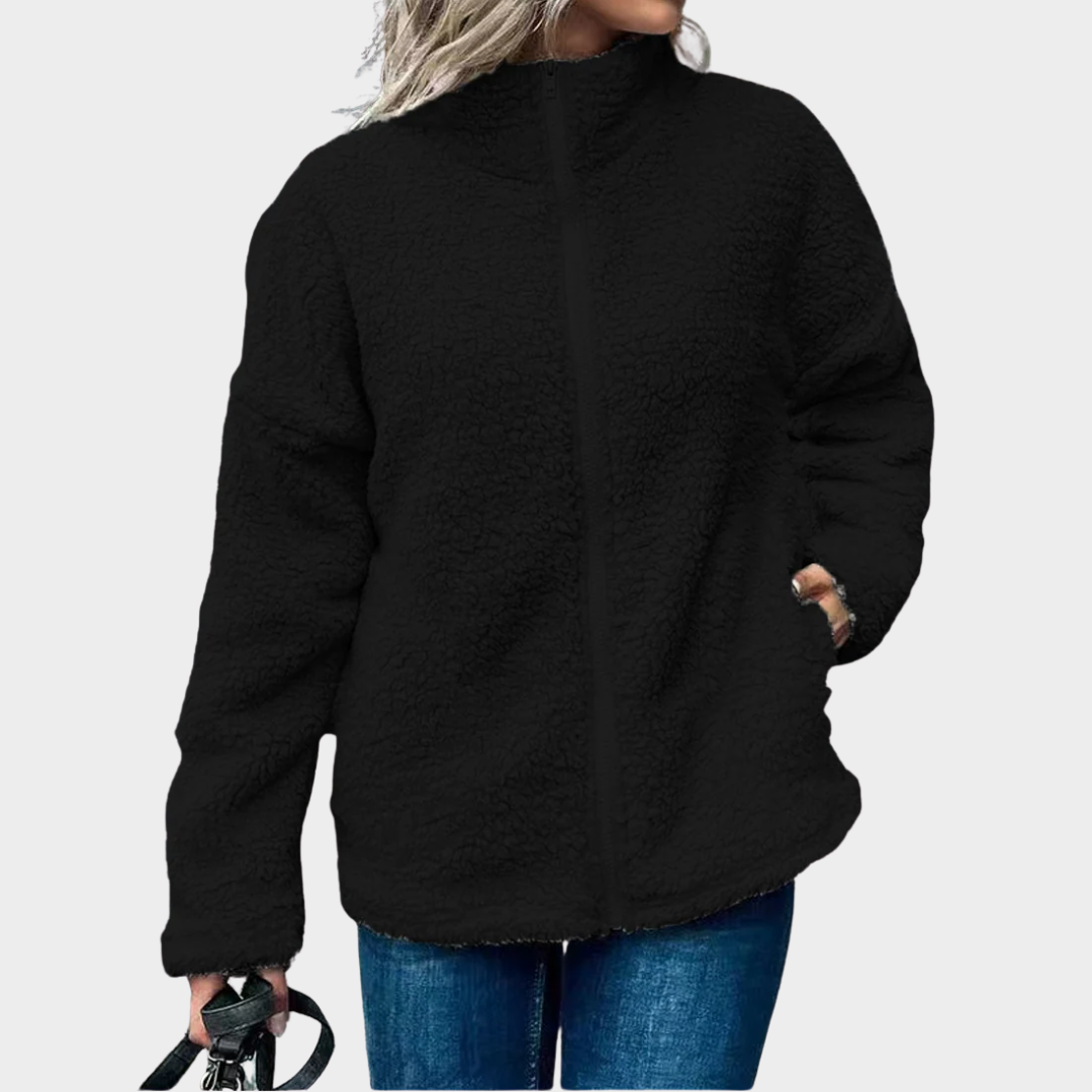 Women’s Oversized Fleece Coat – Wool Blend Casual Jacket with Stand Collar and Zip Front – Multiple Colours