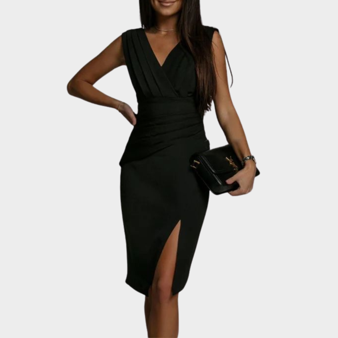 Women's V-Neck Slim Fit Dress – High Waist Pleated – Sleeveless Split Hem Gown – Elegant Evening Wear – Multiple Colours