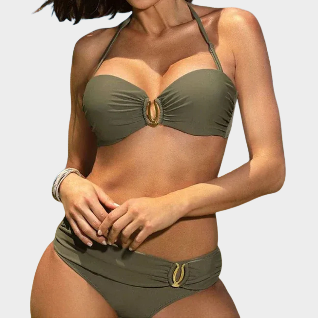 Women Two-Piece Bikini Set – Gathered Jewelry Accent Swimwear – Pure Colour Stylish Fit – Stretch Comfort Fabric – Multiple Colours