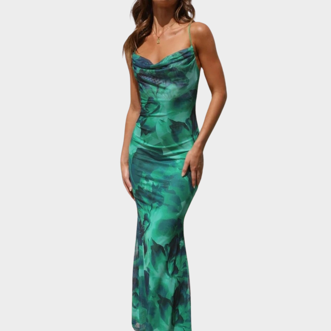 Women's Elegant Long Dress – Open Back – Printed Design – Green