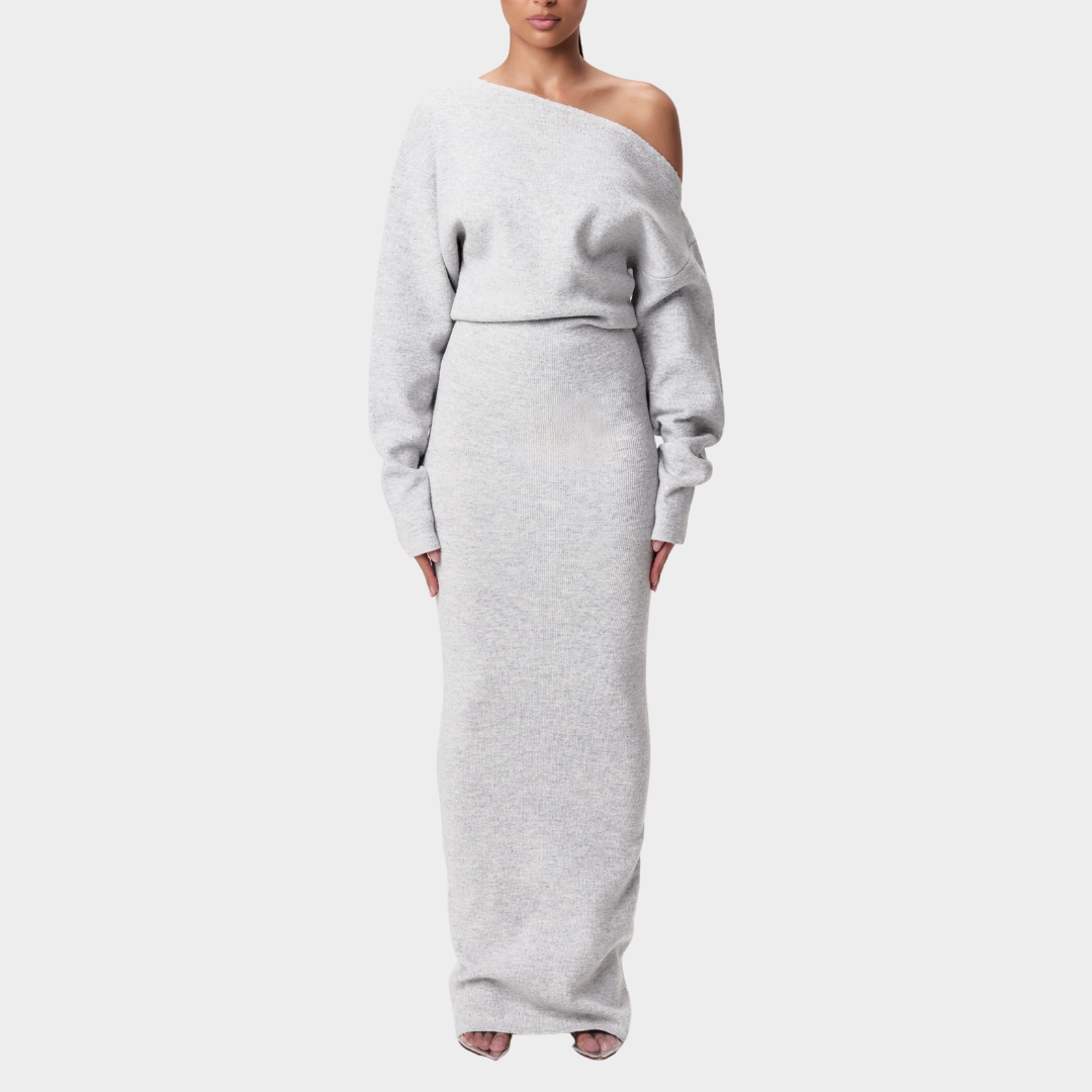 Women’s Long Dress – Off Shoulder Sloping Collar – Long Sleeve Solid Colour – Elegant Slim Fit Design – Multiple Colours