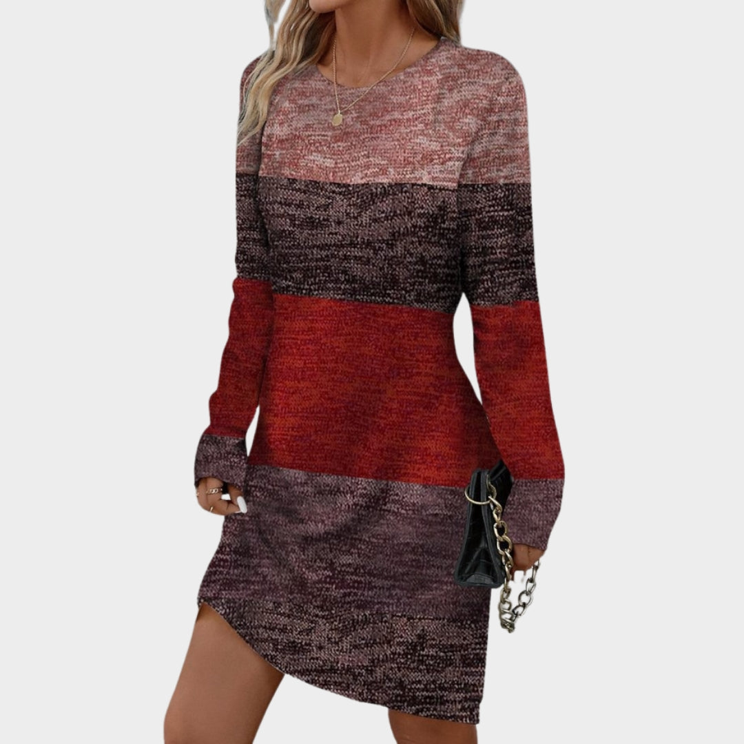 Women's Spring Autumn O-Neck Long Sleeve Casual Dress – Fashion Print, Knee-Length Office Lady Style (Light Brown, Blue, and More)