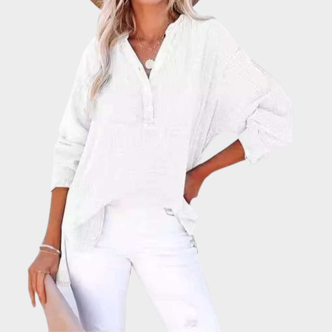 Women’s Long-Sleeve Blouse – Pleated Button Front Top – Relaxed Fit – Lightweight Fabric – Multiple Colours