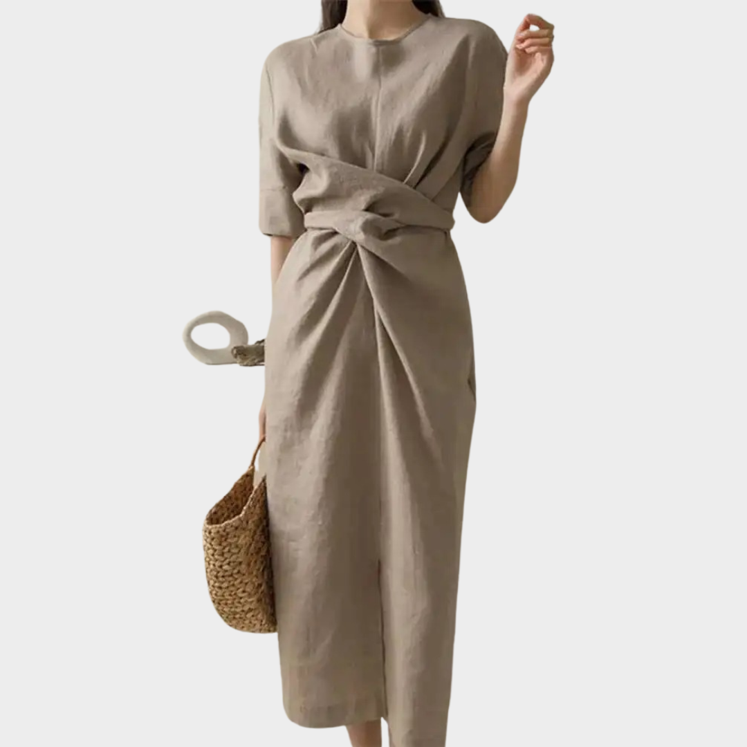 Women's Minimalist Fashion Dress – Half Sleeve O-Neck Irregular Lace-Up Fit – Cotton-Polyester Blend – Light Brown