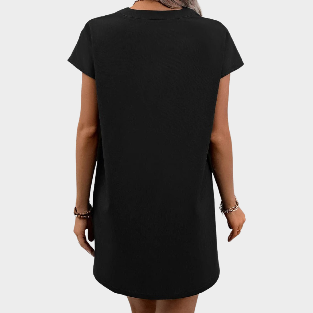 Women's Loose Fit Shirt Dress – V-Neck Short Sleeve Cotton Blend with Abstract Print – Black