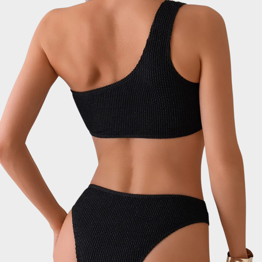 Women Two Piece Swimsuit – Single Strap Tube Top Bikini with High Waist Fit in Stretch Fabric – Black