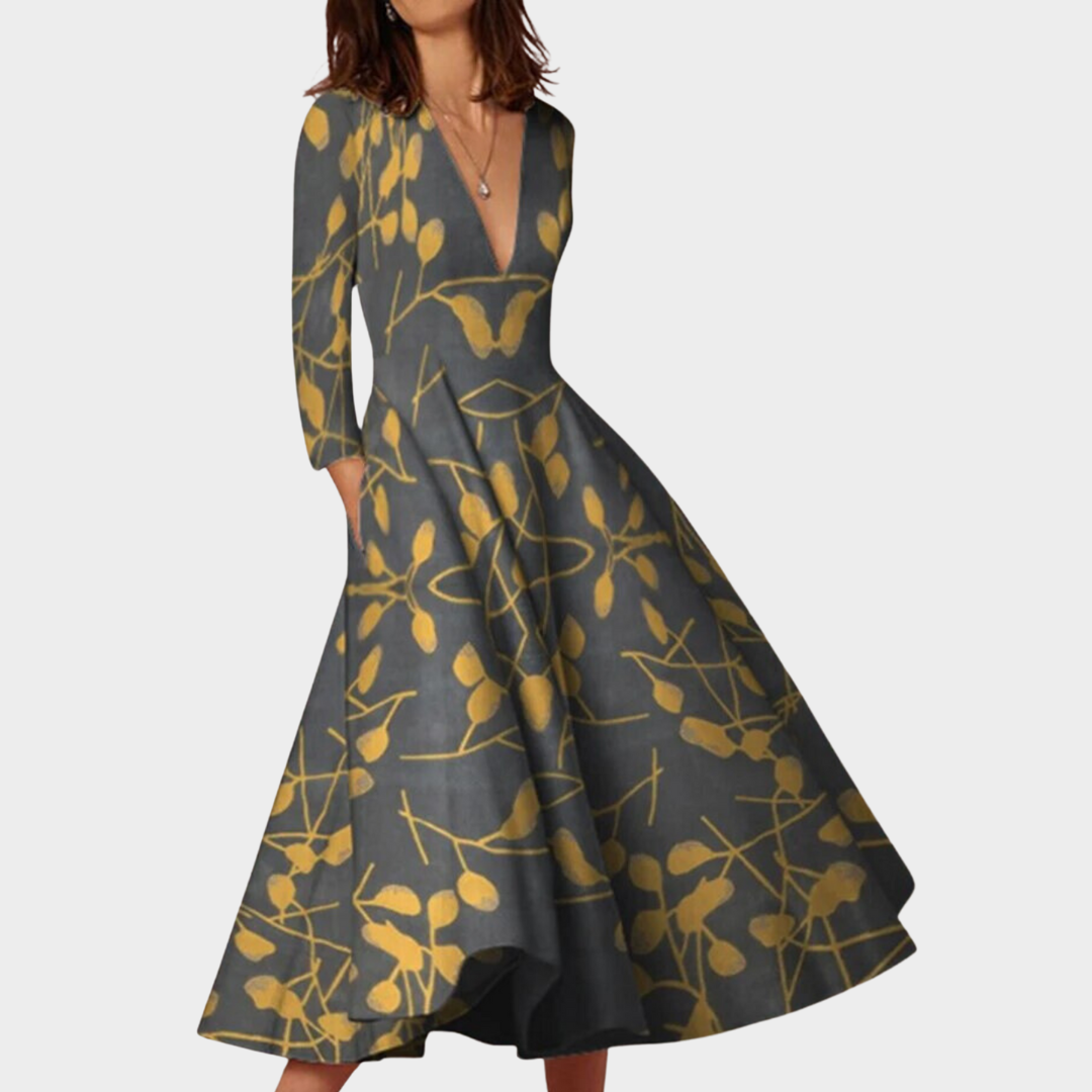 Women's Vintage Geometric Print Dress – Long Sleeve – V-Neck – High Waist – Multiple Colours