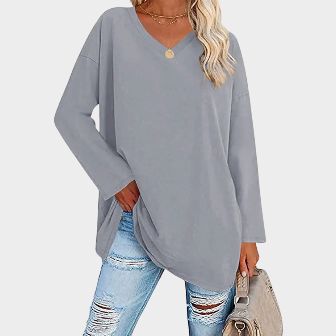 Women’s Loose Fit Knit Top – Long Sleeve V-Neck Blouse – Lightweight Solid Fabric – Multiple Colours