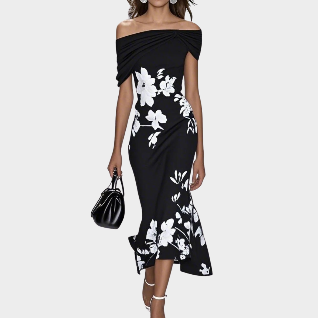 Women’s Off Shoulder A-Line Dress – Elegant Floral Print High Waist Long Wrap Dress – Multiple Colours