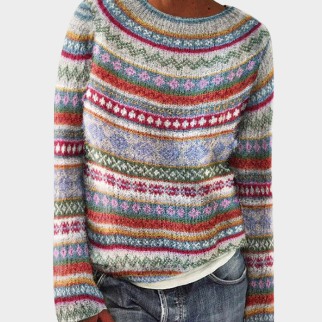 Striped Floral Sweater - Women's Vintage Crewneck Knitted Pullover - Long Sleeve - Multiple Colours
