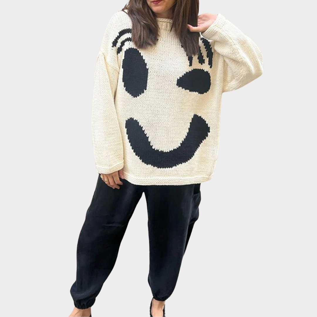 Women's Loose Knit Pullover – Happy Face Sweater – Soft & Chic – Multiple Colours