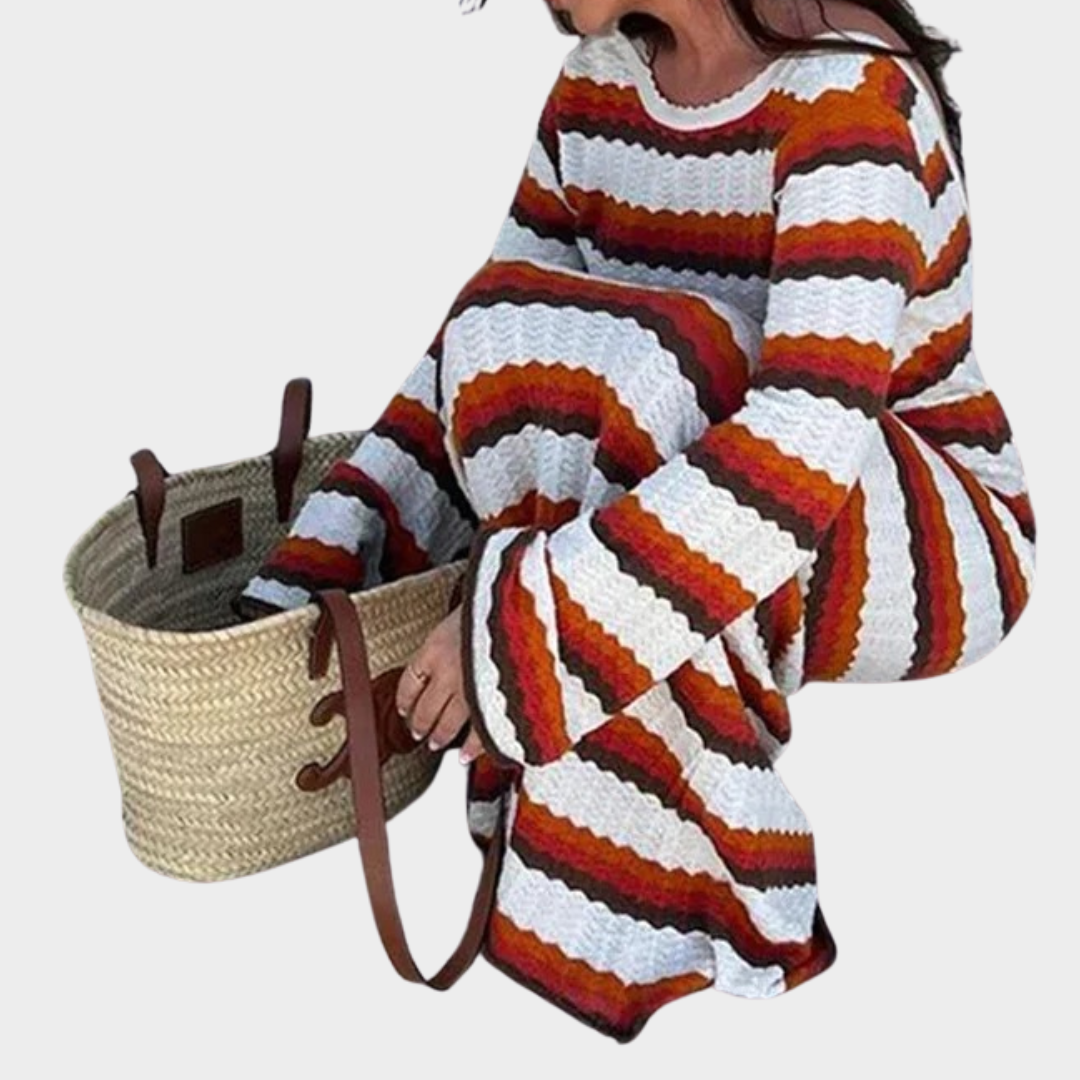 Women's Knit Maxi Dress – Hollow Out – Striped Contrast – Long Sleeve – High Waist – Red
