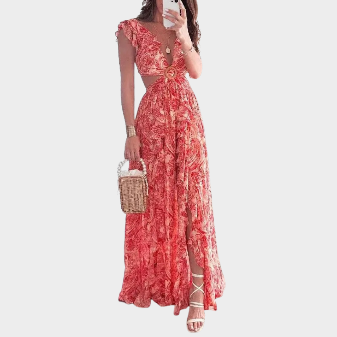 Women’s Sleeveless Long Dress – Floral Print V-Neck with Waist-Exposing Fit and Flowing Hem – Multiple Colours