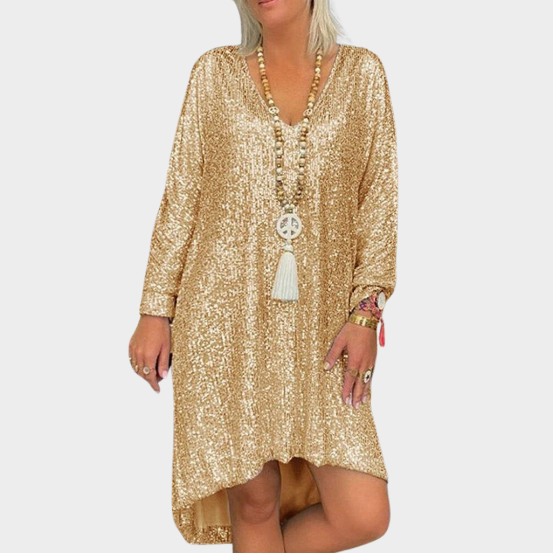 Women’s High-Low Hem Dress – V-Neck – Long Sleeve – Shiny Sequin Finish – Relaxed Boho Fit – Multiple Colours