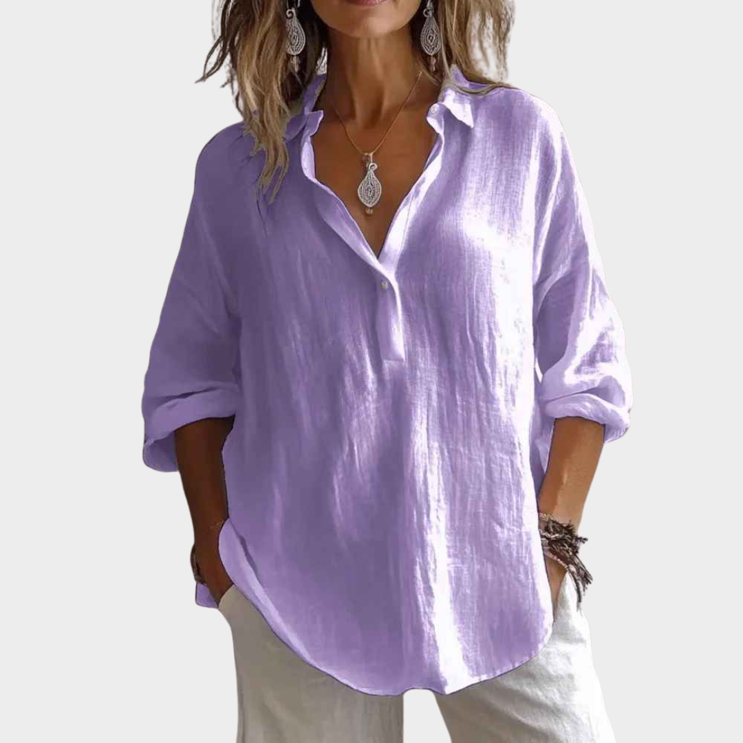 Women Loose Blouse – Cotton Linen Shirt with Lace-Up Collar – Multiple Colours