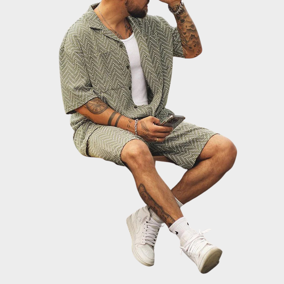 Men's Two-Piece Shirt & Shorts Set – Button-Up – Lapel Collar – Vintage Streetwear – Casual Outfit – Green
