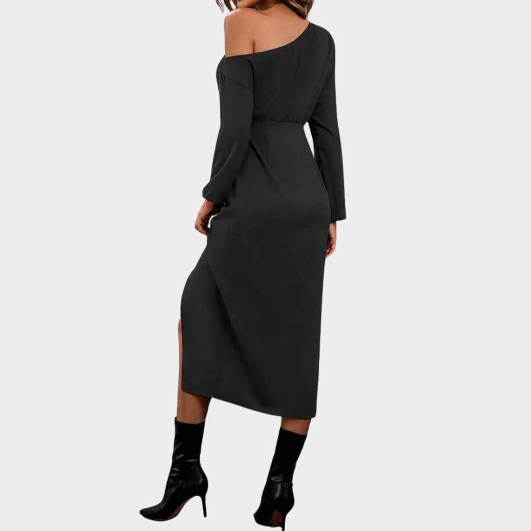 Women’s Off-Shoulder Slit Dress – Slant Neck Long Sleeve Elegant Dress – Fitted Waist – Black