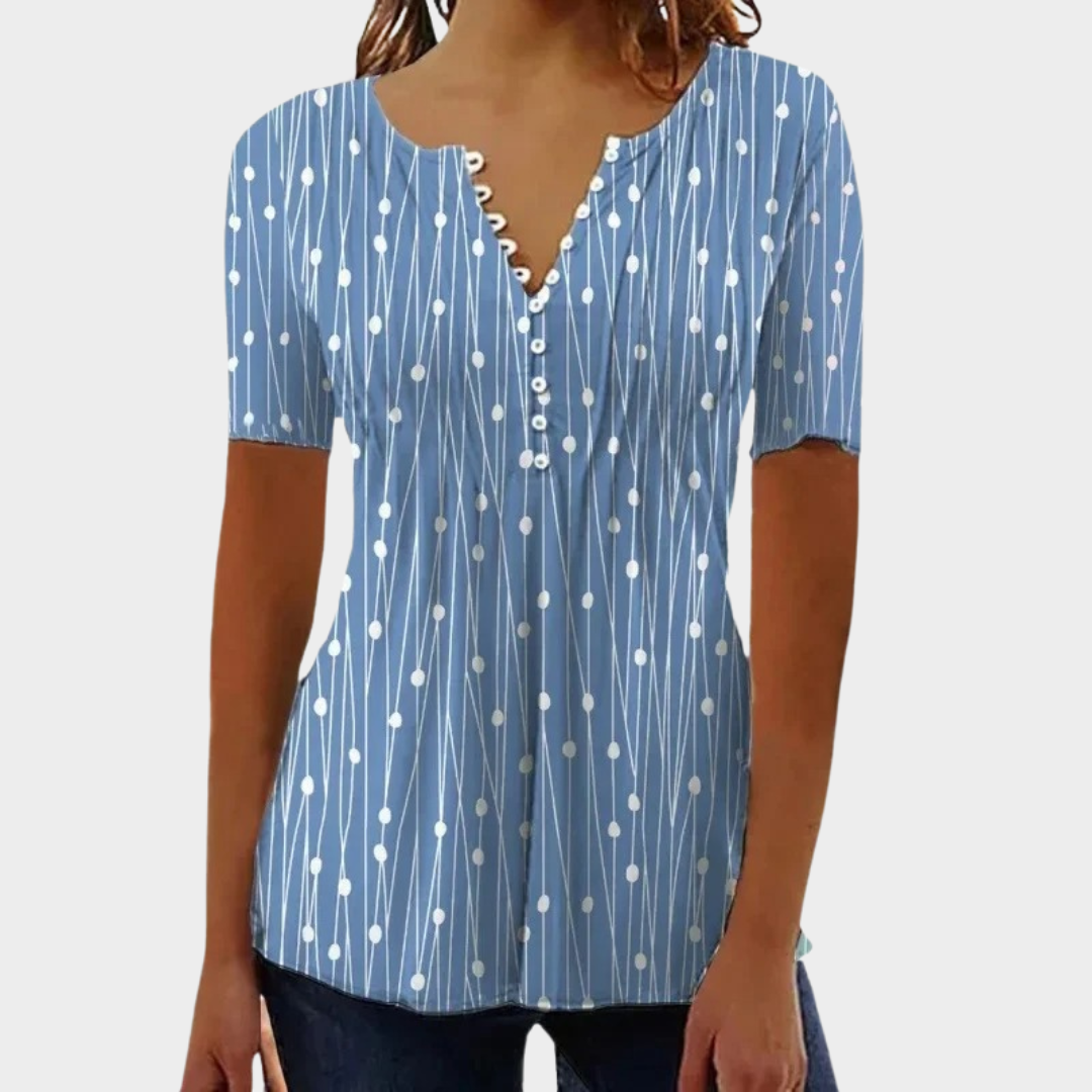 Women’s Polka Dot V-Neck Blouse – Short Sleeve Relaxed Fit Top – Lightweight Cotton-Polyester – Multiple Colours