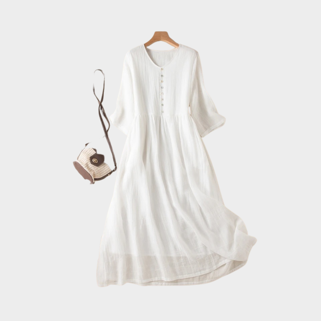 Women's Vintage Midi Dress - V-Neck - Short Sleeve - Loose Fit & Elegant - Multiple Colours