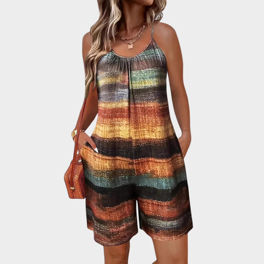 Women Sleeveless Short Jumpsuit – Loose Fit – Sling Strap – Striped Print – Casual Lightweight Romper – Orange