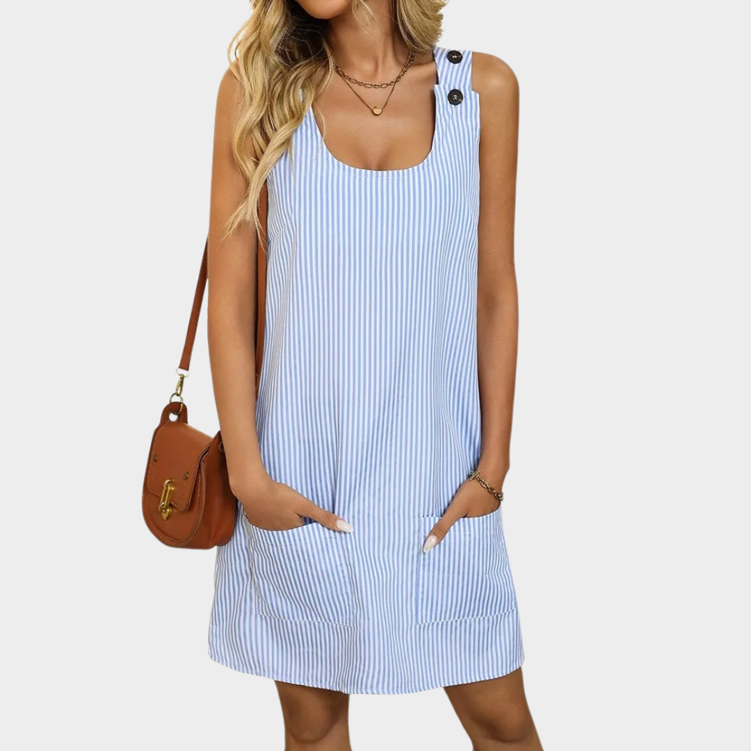 Women’s Striped Button-Strap Vest Dress – Casual Loose Fit with Pockets – Printed Holiday Style – Lightweight Soft Fabric – Multiple Colours