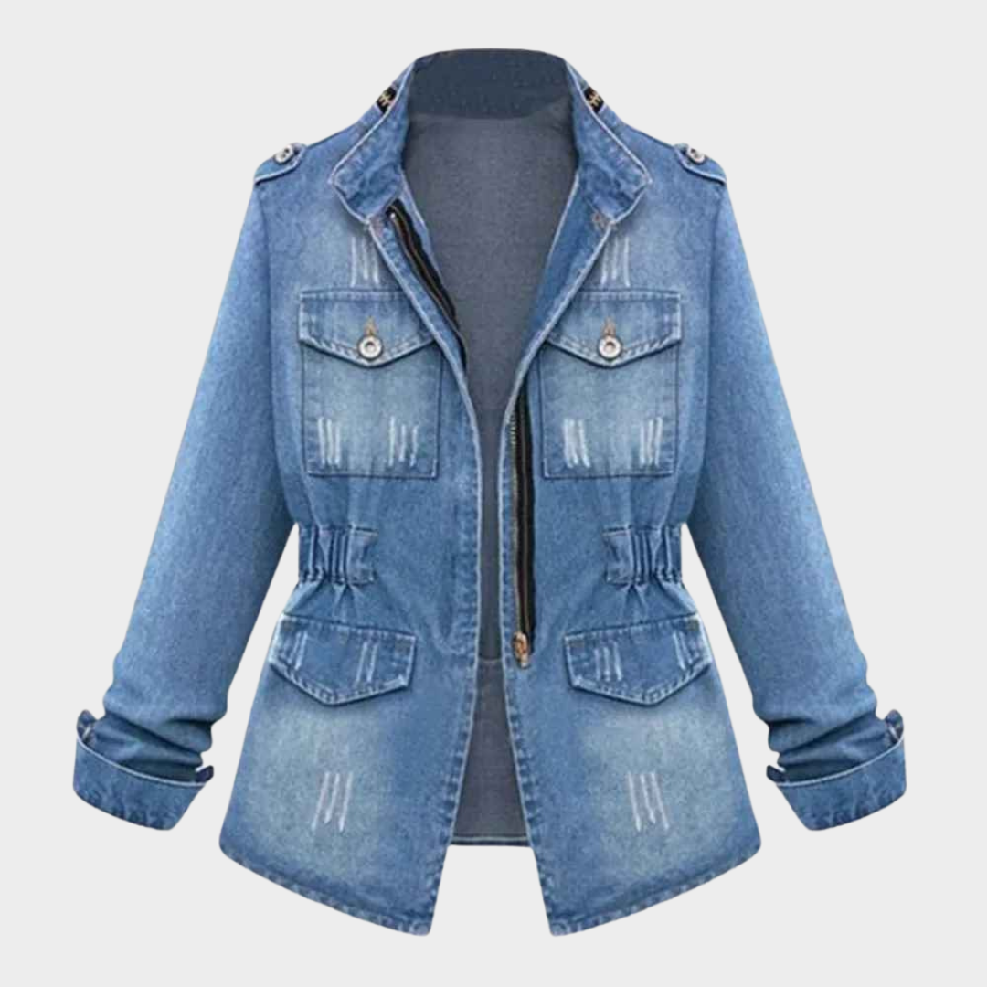 Women's Denim Jacket - Casual Solid Button-Up Coat - Chain Detail - Slim Fit - Blue