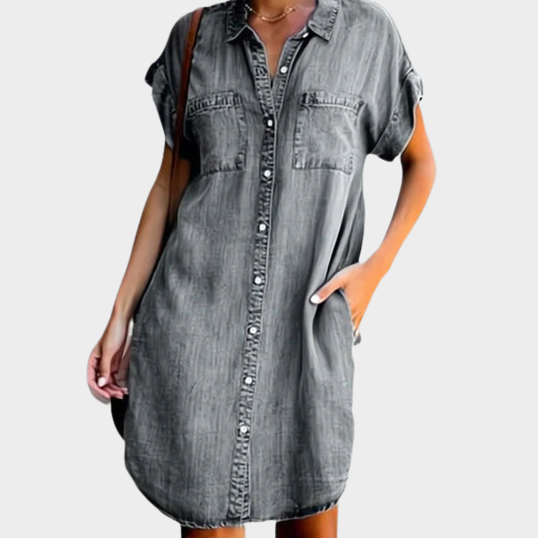 Women's Denim Shirt Dress – Casual Loose Fit – Button-Up – Pockets – Multiple Colours