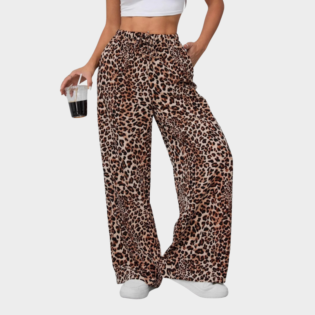 Women Leopard Print Wide Leg Trousers – High Waisted Loose Fit Straight Leg Long Pants – Casual Comfortable Draping Style – Multiple Colours
