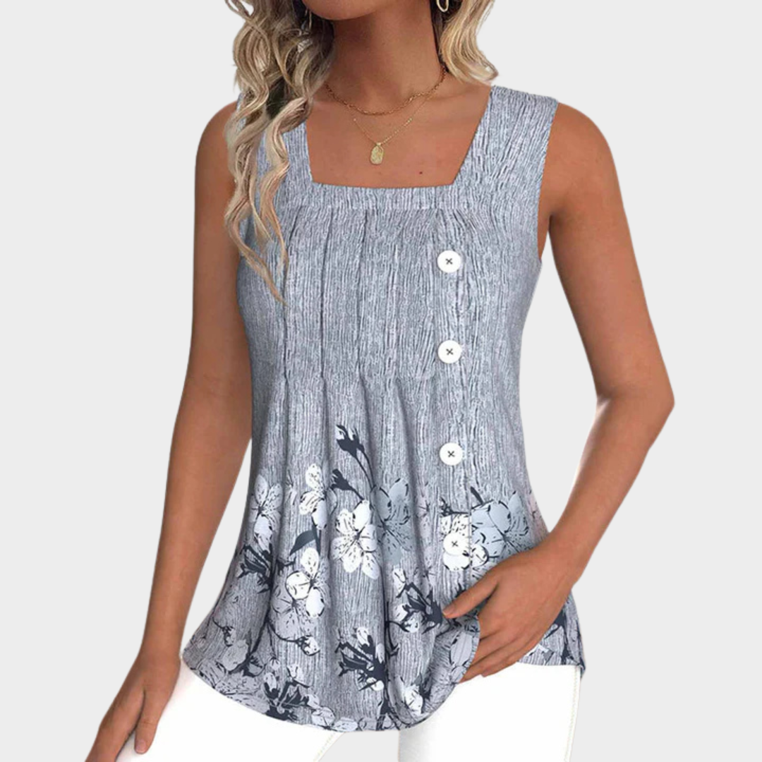 Women’s Vintage Tank Top – Floral Print Sleeveless Square Neck Cotton-Polyester Blend Blouse – Lightweight Casual Fit – Grey