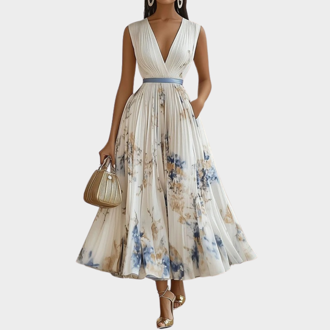 Women’s Sleeveless A-Line Maxi Dress – Deep V-Neck with High Waist and Floral Print – Lightweight Polyester – Multiple Colours