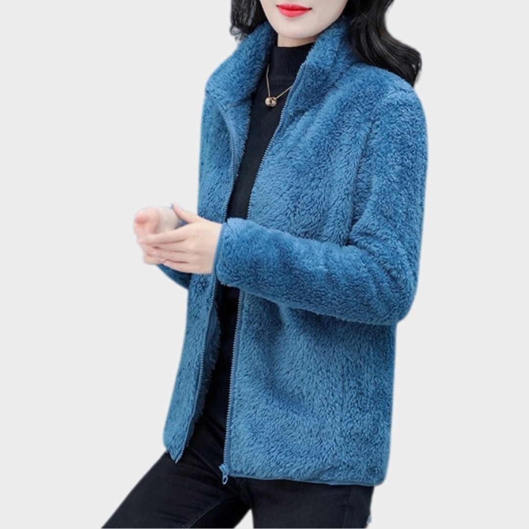 Women's Winter Thickened Double-Sided Fleece Coat – Stand Collar, Warm Cardigan Jacket, Black, Blue