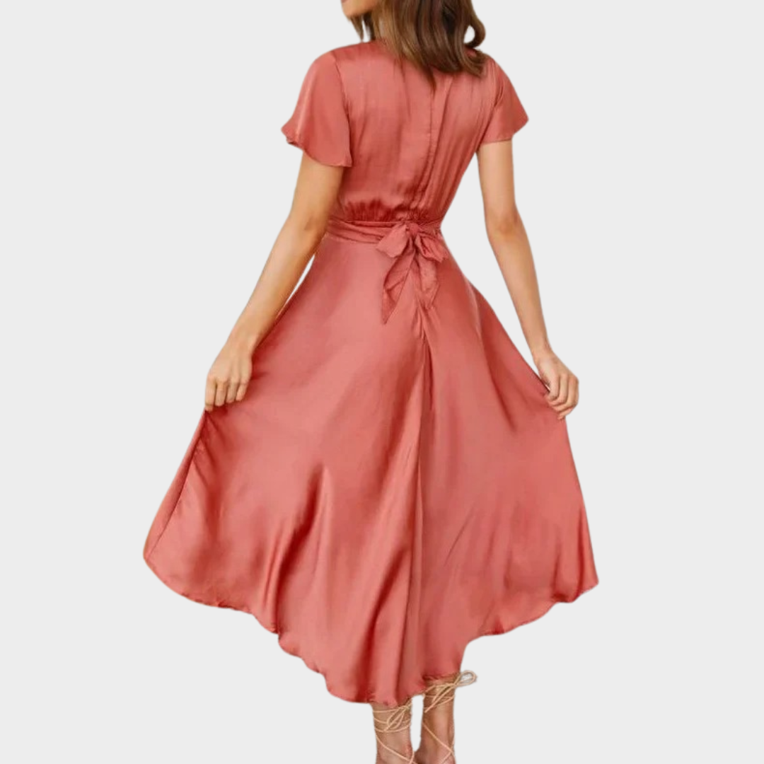 Women’s V-Neck Short Sleeve Satin Dress – Irregular Hem with Elegant Drape – Lightweight Silky Fit – Multiple Colours