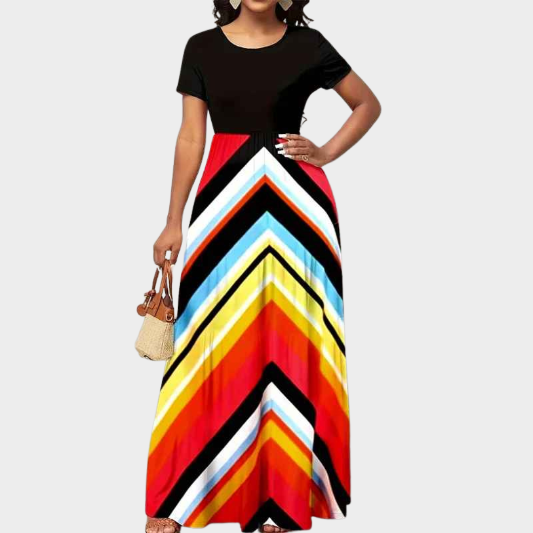 Women's Long Dress – Short Sleeve Round Neck with Striped Casual Fit – Black