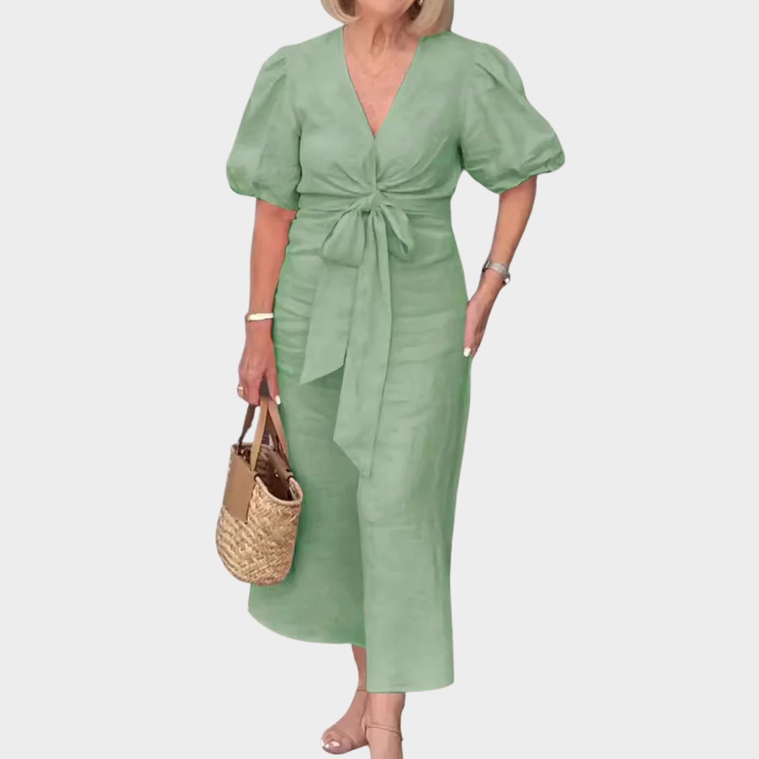 Women’s Loose Fit V-Neck Dress – Puff Sleeve – Lace-Up Detail – Lightweight Material – Multiple Colours