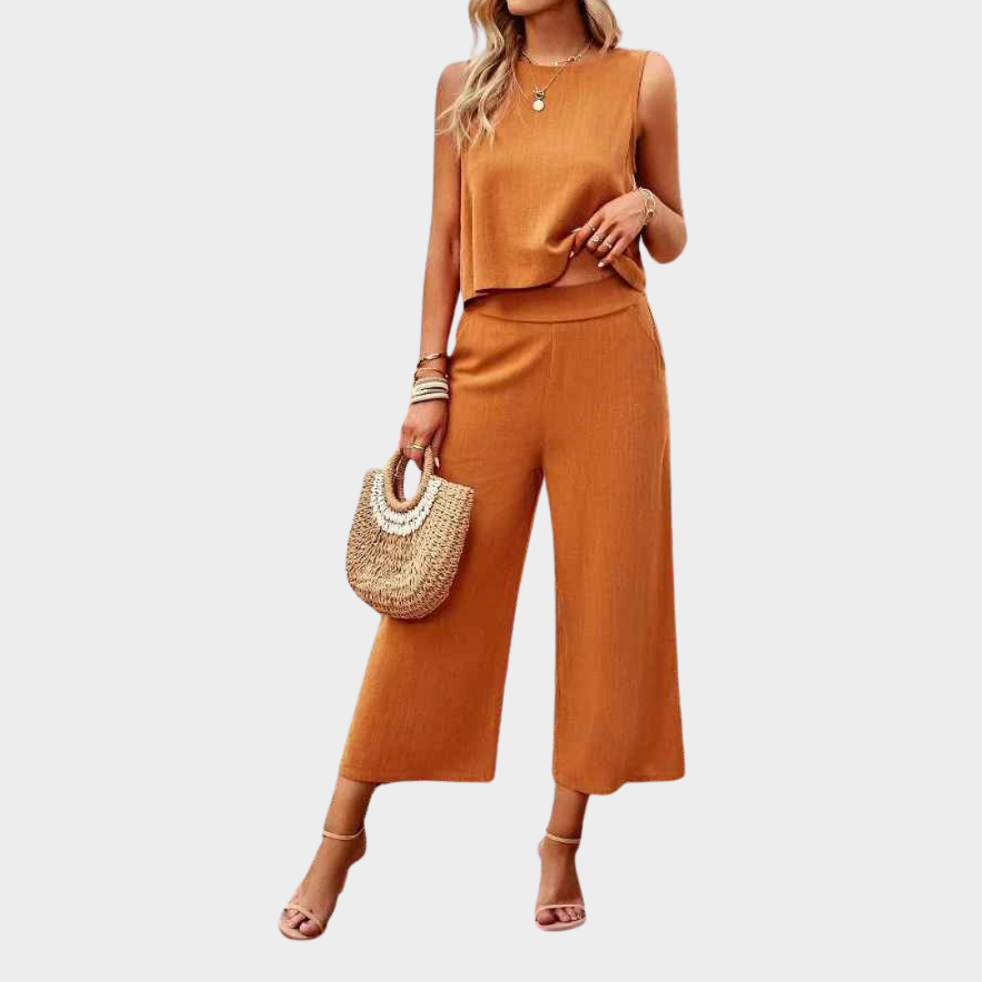 Women's Two Piece Pant Set – Short Sleeve Round Neck Pullover Shirt with Solid Wide Leg Pants – Comfortable Casual Fit – Multiple Colours