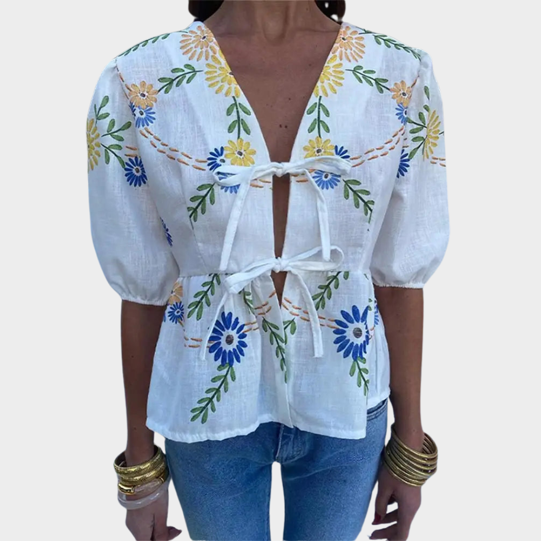 Women's Floral V-Neck Blouse – Bow Tie Front – Puff Sleeves – Ruffle Hem – White