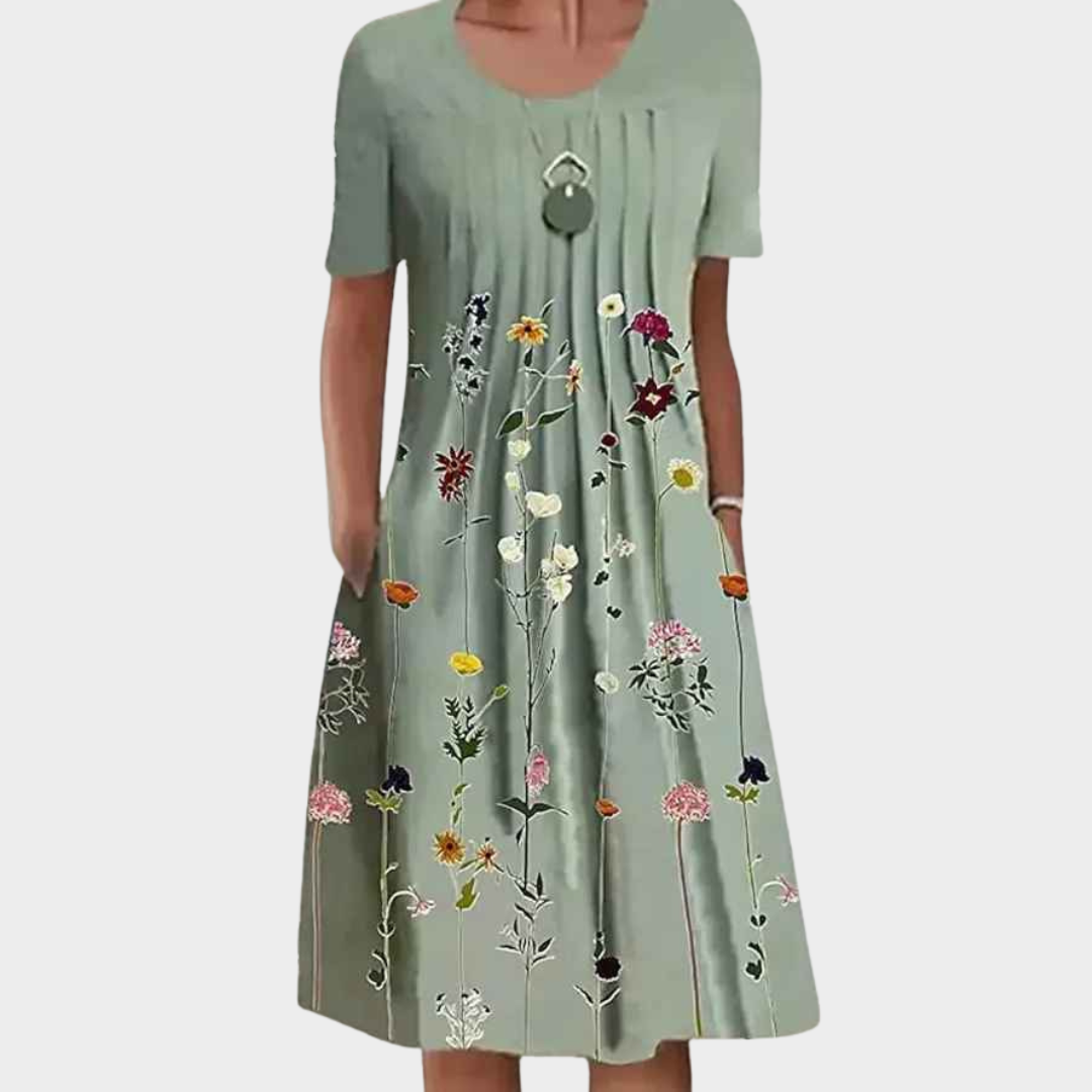Women's A-Line Midi Dress – Floral Print Round Neck Short Sleeve – Multiple Colours