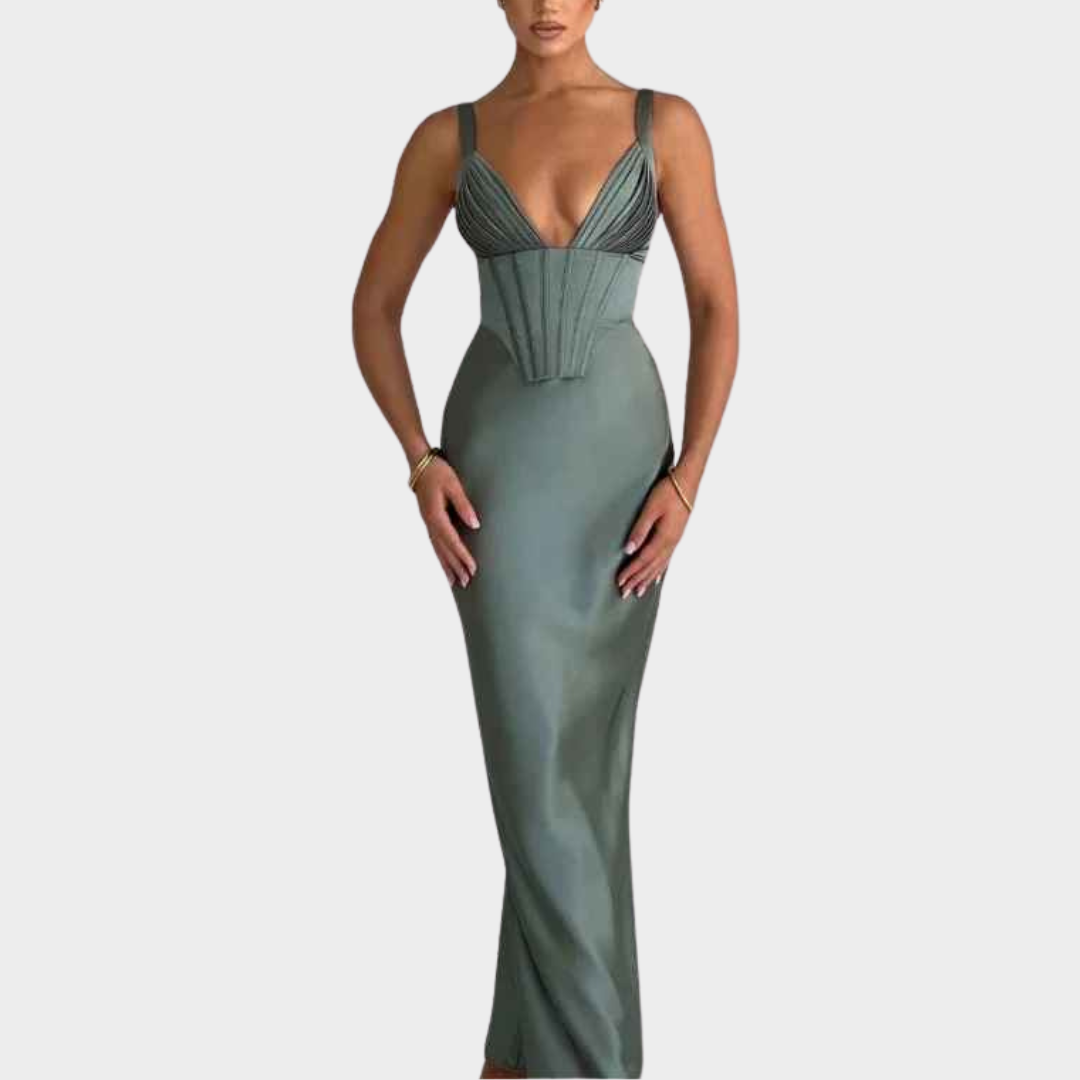 Women Corset Satin Mermaid Dress – Deep V Neck Backless Floor Length Bodycon Gown for Wedding Prom and Formal Evening – Multiple Colours