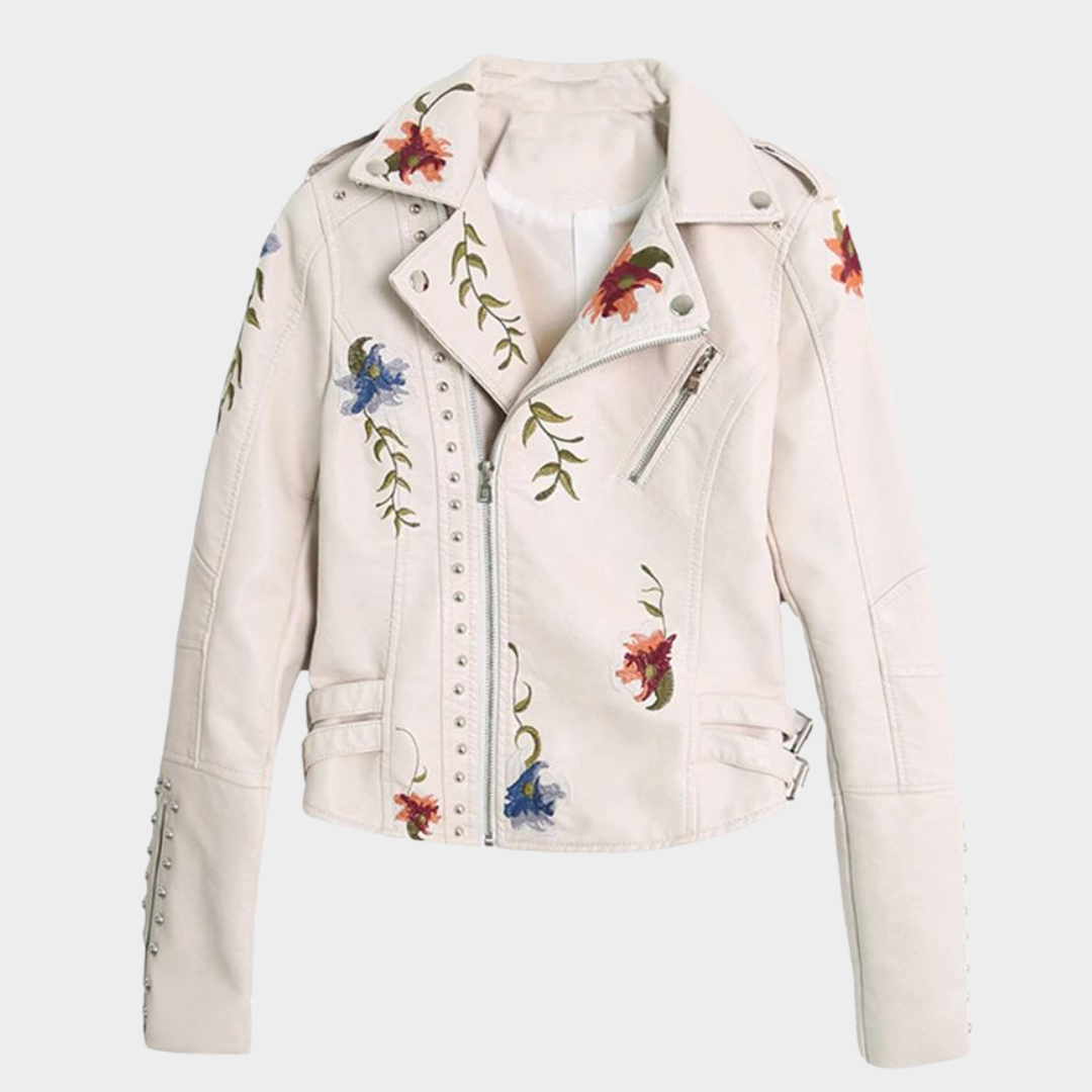Women's Faux Leather Jacket – Floral Embroidery – PU Motorcycle Coat – Casual Outerwear – Multiple Colours