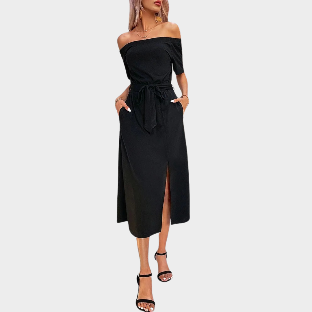 Women’s Short Sleeve Slash Neck Dress – Slim Casual Fit with Solid Colour Style – Soft Stretch Fabric – Black