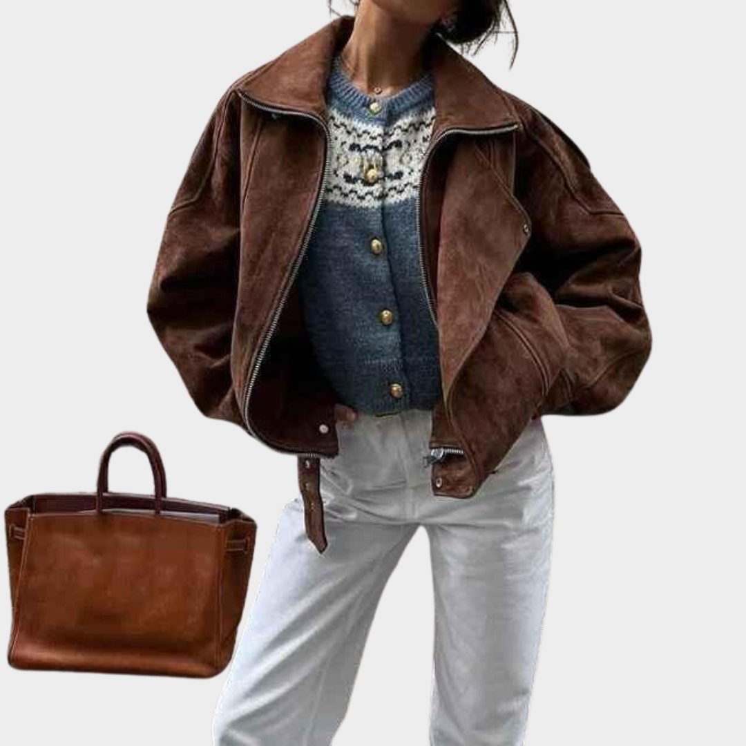 Women's Cropped Jacket - Vintage Lapel Coat - Zipper Front - Padded Shoulders - Dark Brown