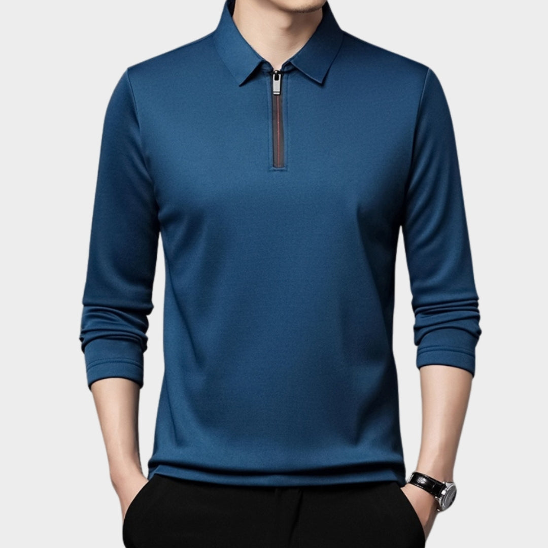 Men's Long Sleeve Polo Shirt - Solid Color Zipper Polo Neck Top, Navy Blue, Black, Blue, and More