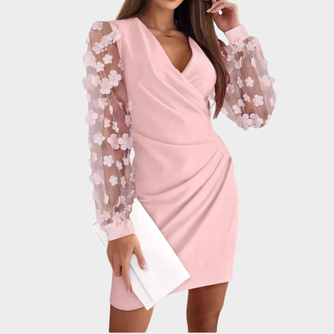 Women's Elegant Long Sleeve Pencil Dress – V-Neck Lace Patchwork Hollow Out Design – Pleated Slim Fit Dress – Multiple Colours