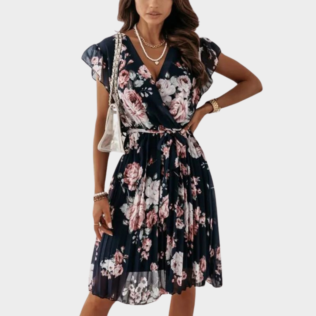 Women's Elegant A-Line Pleated Dress – Long Sleeve – V-Neck – Ruffle Details – Multiple Colours