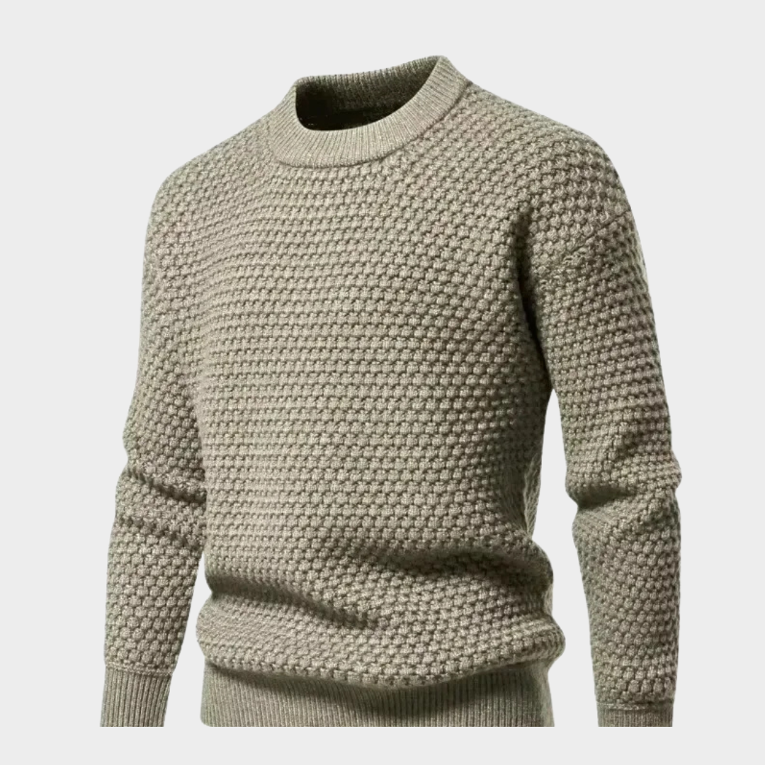 Men's Winter Knitted Sweater - Round Neck Solid Color Checked Design (Light Grey, Beige, Grey)