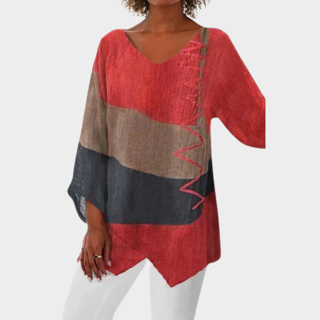 Women's V-Neck Blouse – Long Sleeve – Irregular Print – Cotton Linen – Loose Fit – Multiple Colours