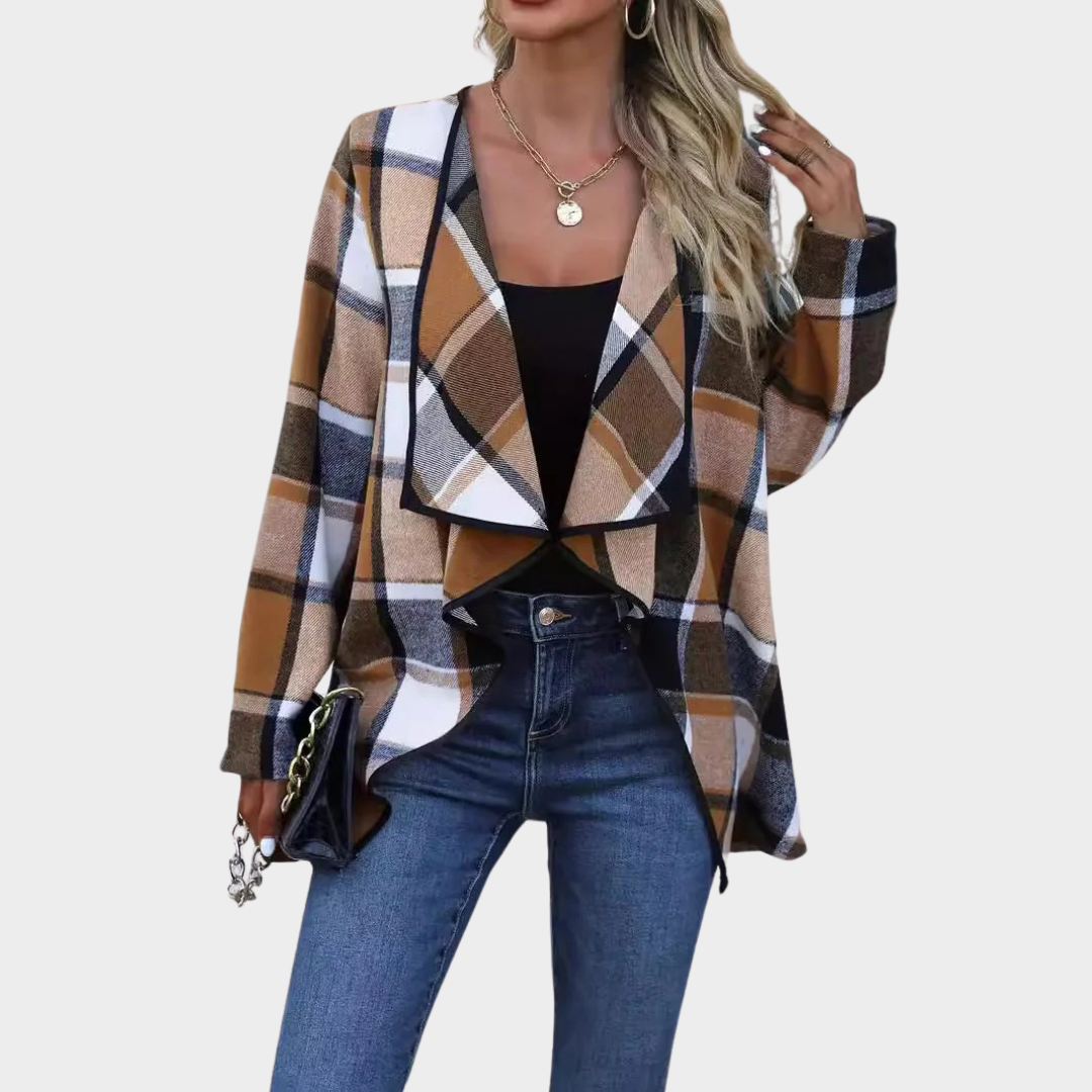 Women’s Open-Front Coat – Relaxed Fit Draped Style – Soft Feel – Plaid Pattern – Multiple Colours