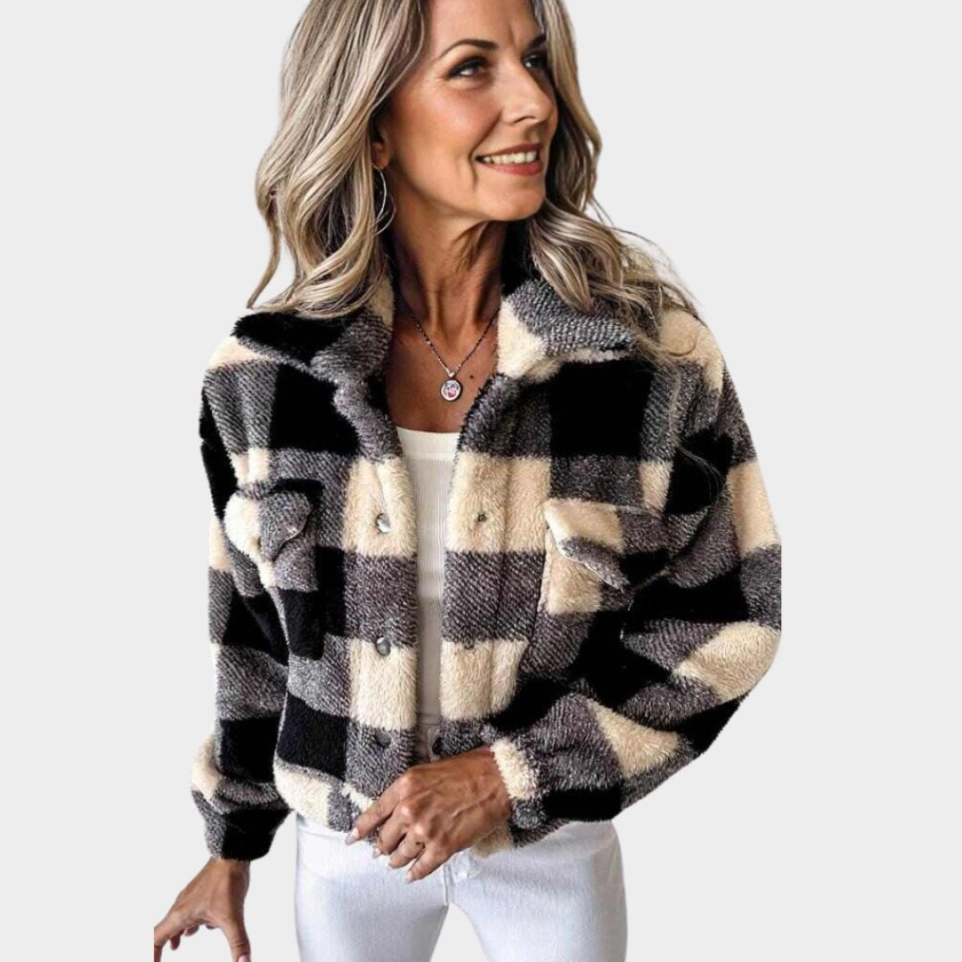 Casual Colorblock Teddy Fleece Jacket for Women – Turn-Down Collar, Black/white/grey