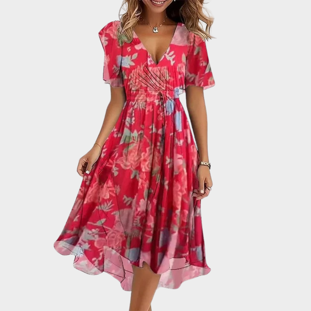 Women's Chiffon Mini Dress – V Neck – Floral Print – High Waist – Short Sleeve – Lightweight A-Line – Multiple Colours