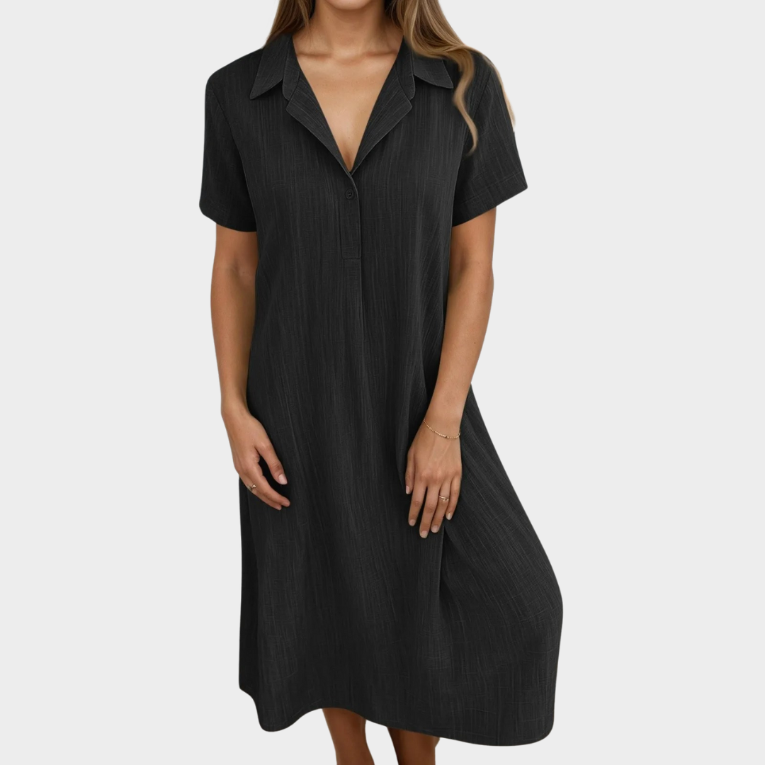 Women's Solid V-Neck Shirt Dress – Short Sleeve Button Detail – Loose Pullover Fit – Cotton-Polyester Blend – Multiple Colours